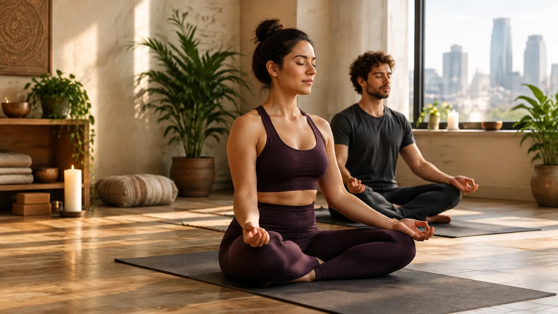 Two people sitting in meditation during a private yoga session